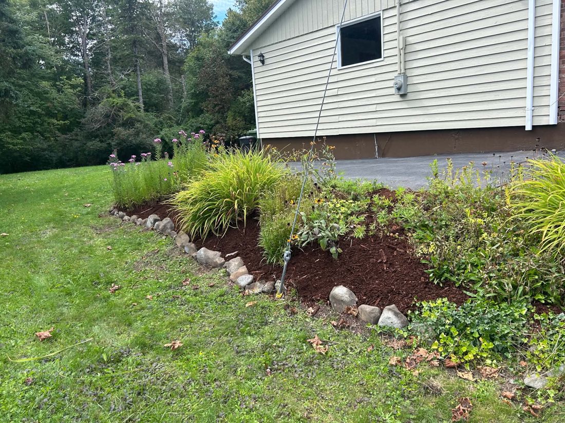 After: bed beside the house freshly mulched and edged with rounded stones against the lawn